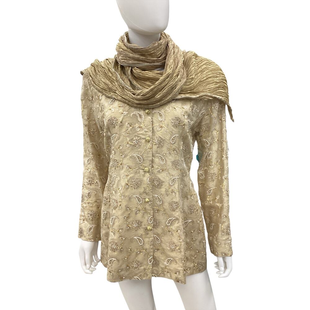 VTG Set Women’s Size M Scarf+Blazer Silk Gold Tone Knot Buttons Embroidered Gold
